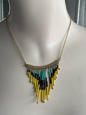 Vintage Bead Fringe Necklace Yellow Turquoise Black Tribal Boho